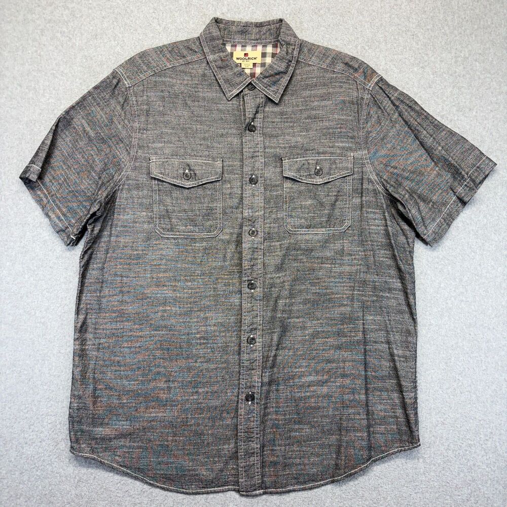 Woolrich HMT1032S Button Up Shirt Men’s L Gray Short Sleeve Cotton